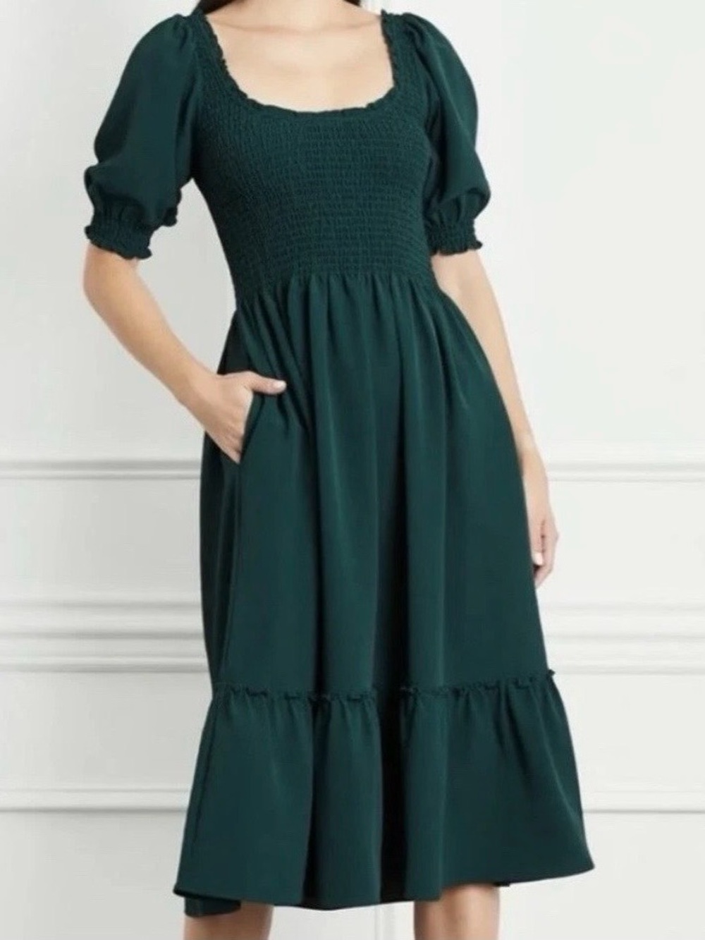 Hill House Home The Louisa Nap Dress Green Smocked Puff Sleeve Midi Size Small
